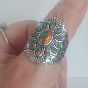 Turquoise and Orange Floral Statement Ring - Women Jewelry